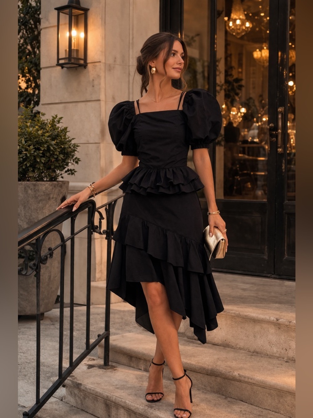 Ulla Johnson Marie Black Asymmetrical Peplum Dress Sz 8 Puff Sleeve Midi